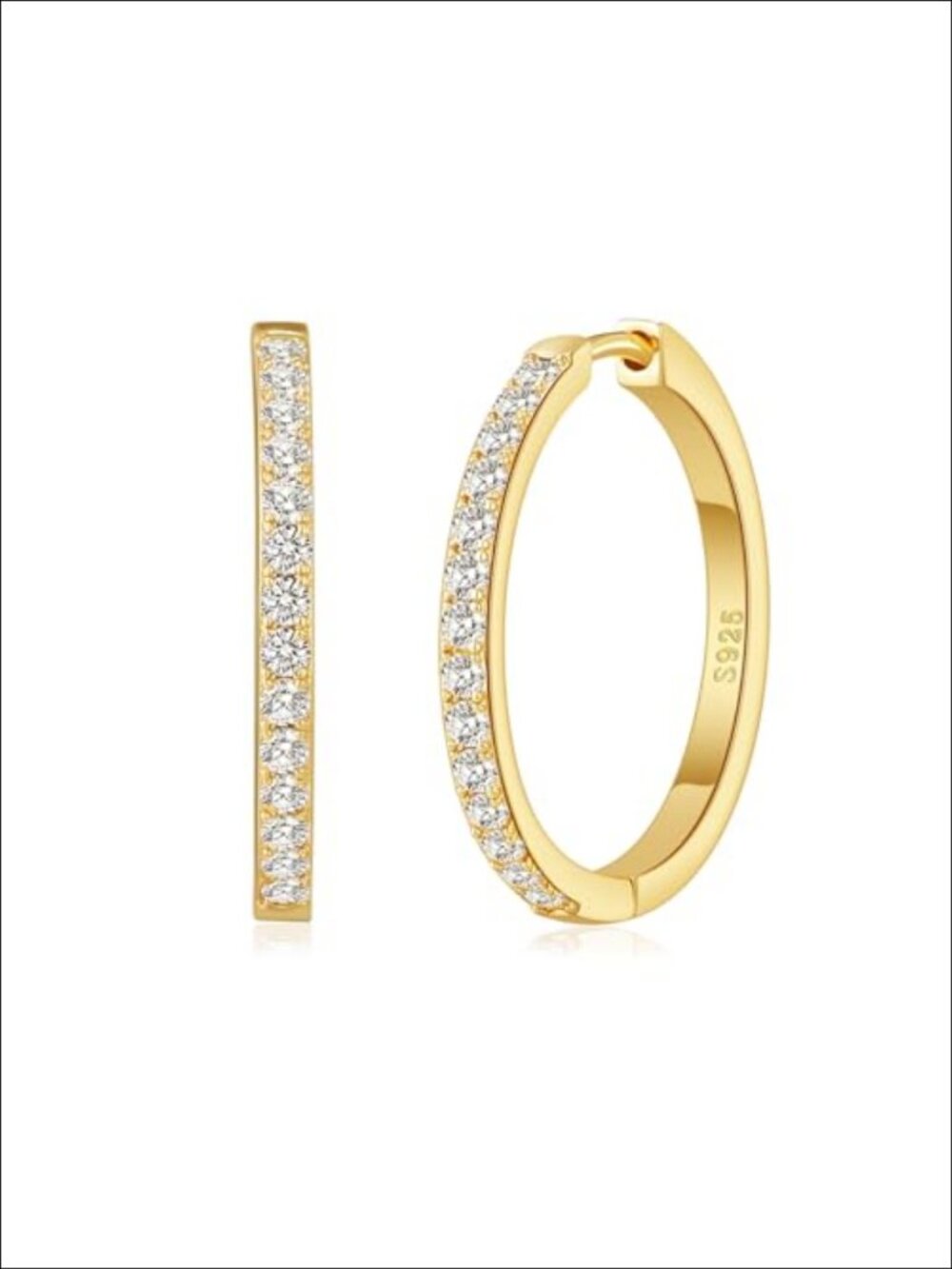 14K Gold Plated Hoop Earrings Hypoallergenic Cubic Zirconia Snap Clasp